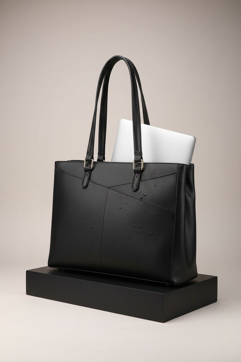 LOVEVOOK black laptop tote bag highlighted in studio setting, showcasing sleek design and practical features.
