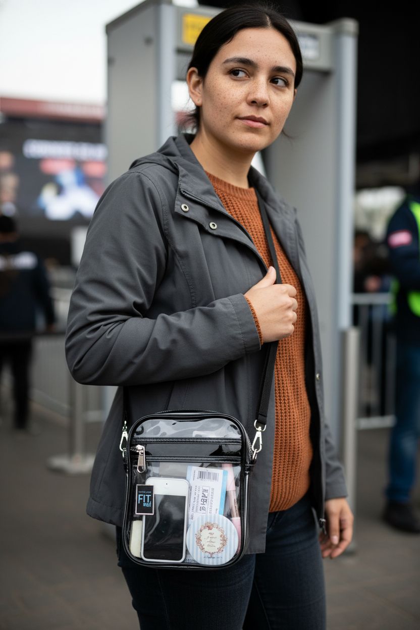 Fibrdoo clear crossbody purse bag checked at concert security, showcasing stylish design
