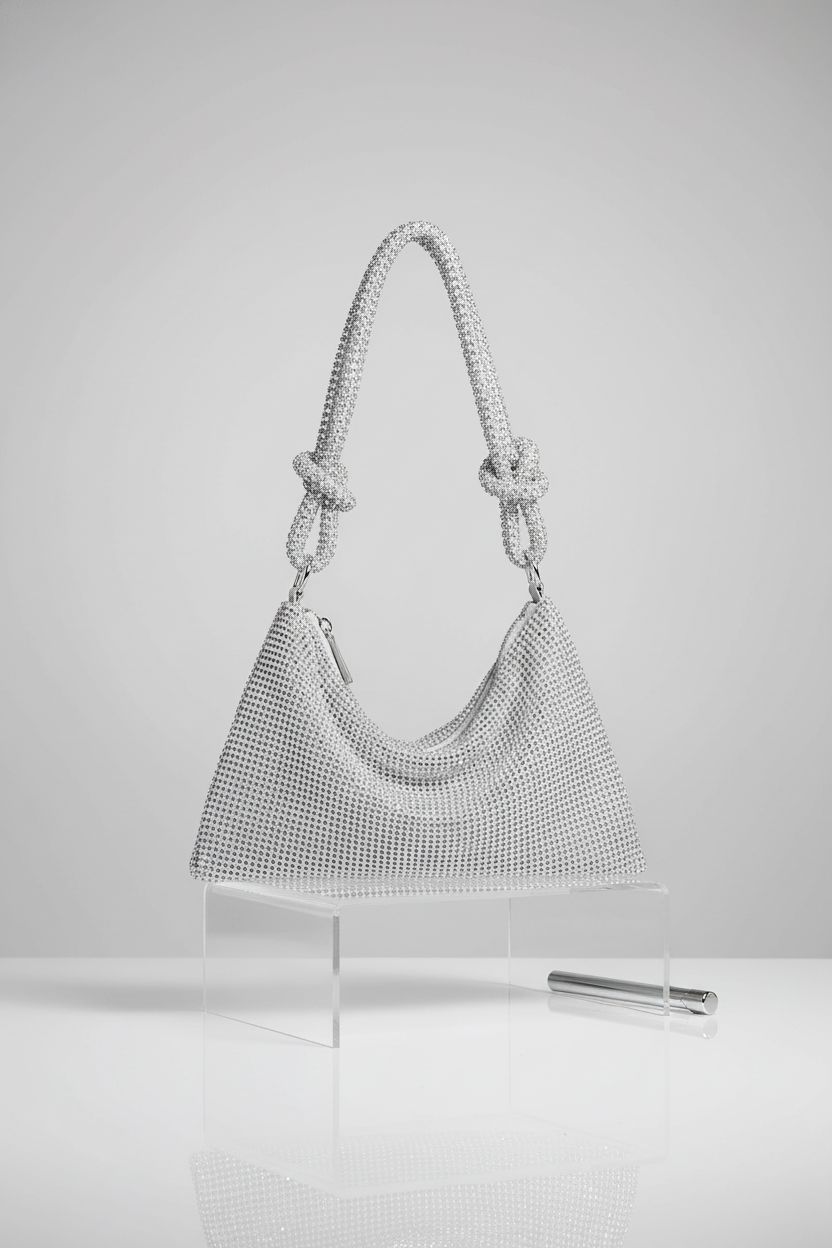 YUWITA silver rhinestone purse displayed in studio, highlighting its sparkly design and style