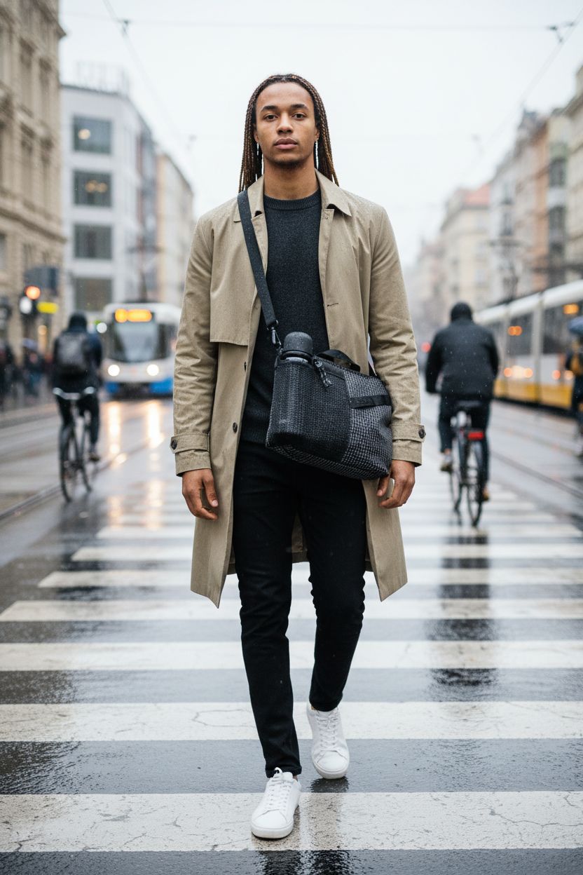 SmrtTo crossbody shoulder bag in dark grid fabric with water bottle holder, stylish and water-resistant