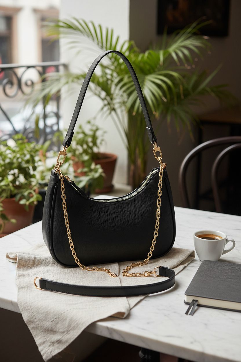 Elegant KKXIU black hobo bag on a marble table, showcasing its sleek design and gold hardware.