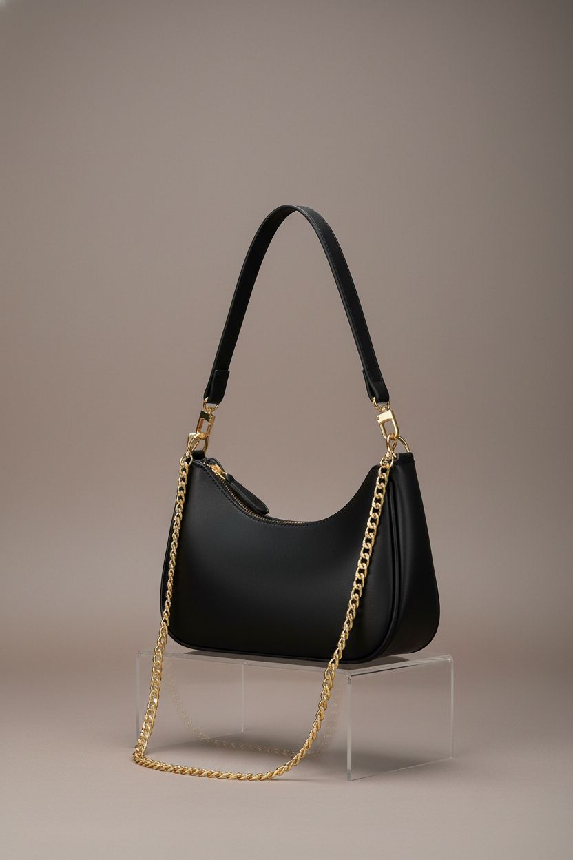 KKXIU black shoulder bag with gold chain and leather strap, highlighting quality craftsmanship.