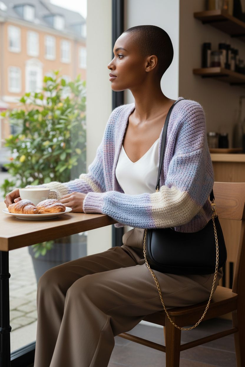 KKXIU black shoulder bag styled as a crossbody with gold chain, perfect for brunch.