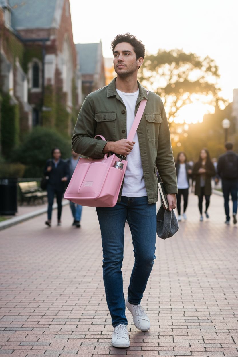 ZHMO shoulder bag in soft pink worn on a college quad, ideal for students on the go.