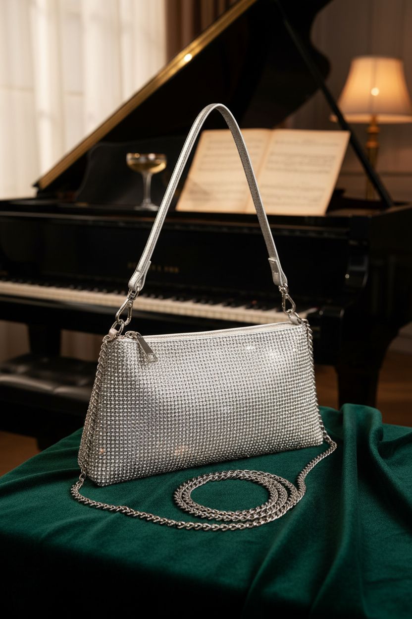 Valleycomfy silver bag resting on piano, exuding elegance and charm for evening gatherings.