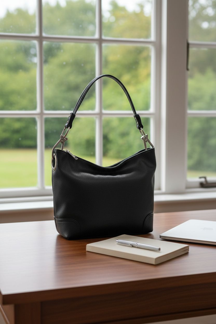 ALYSSA black hobo bag resting on a desk in a cozy home workspace with greenery