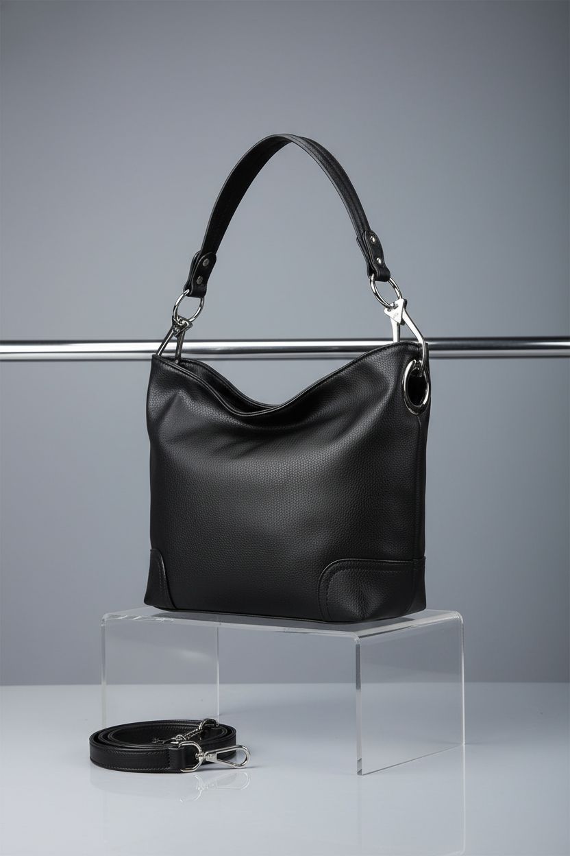 Product image of ALYSSA black faux-leather hobo bag showcasing silver hardware details