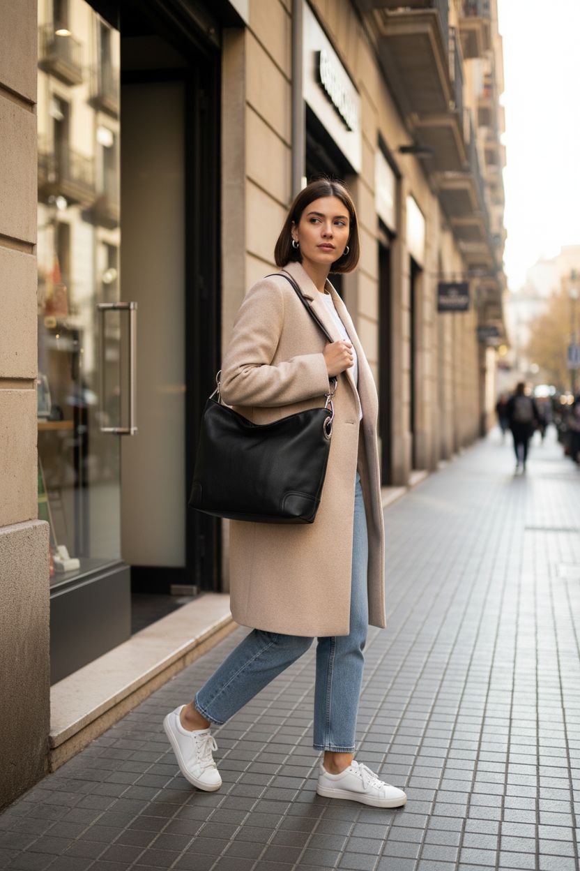 Black faux-leather hobo bag by ALYSSA with silver snap hook hardware in urban setting