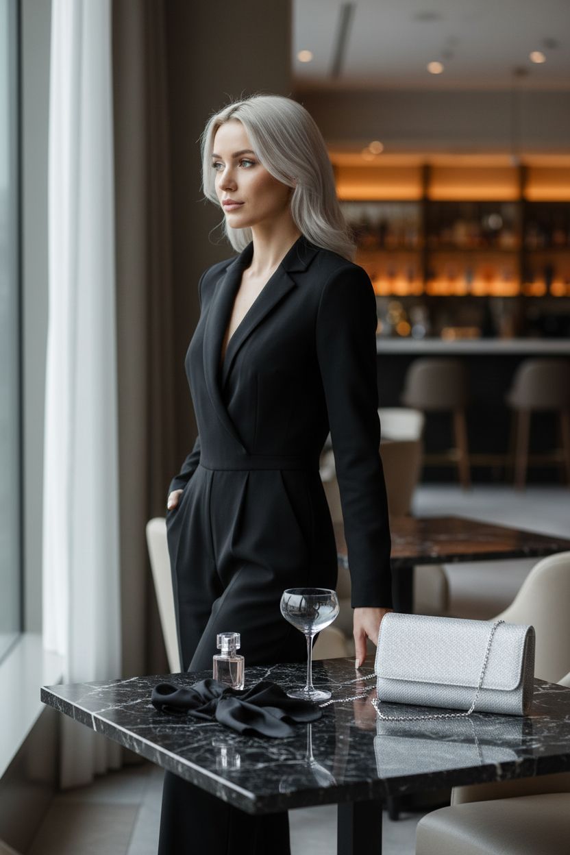 OSDUE sparkling silver clutch beside drinks, exuding luxury in a lounge setting.