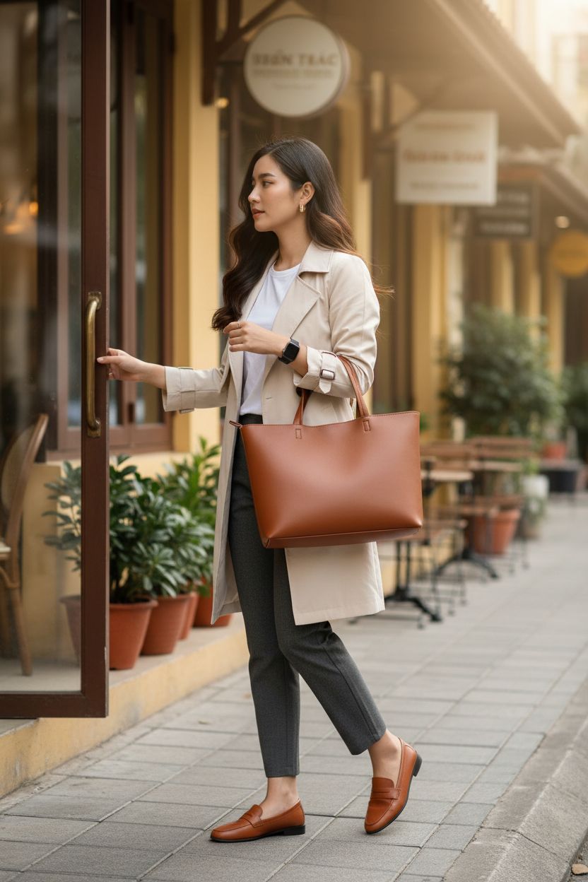 KALIDI faux leather tote bag in brown, stylish accessory for everyday errands.