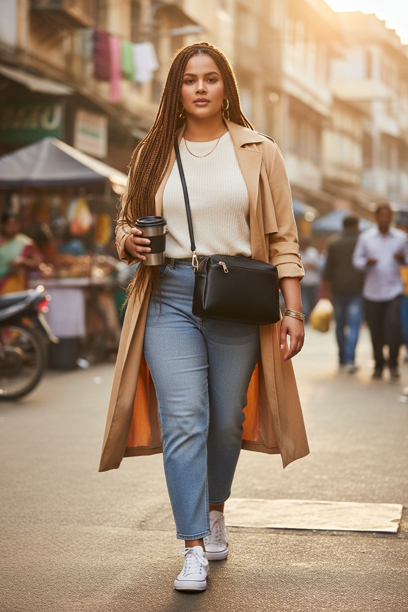 FashionPuzzle black crossbody bag worn casually with light-wash jeans and a trench coat, perfect for daily adventures.