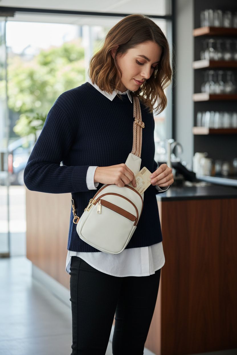BOSTANTEN beige sling bag with brown accents at a coffee bar, showcasing travel-friendly design.