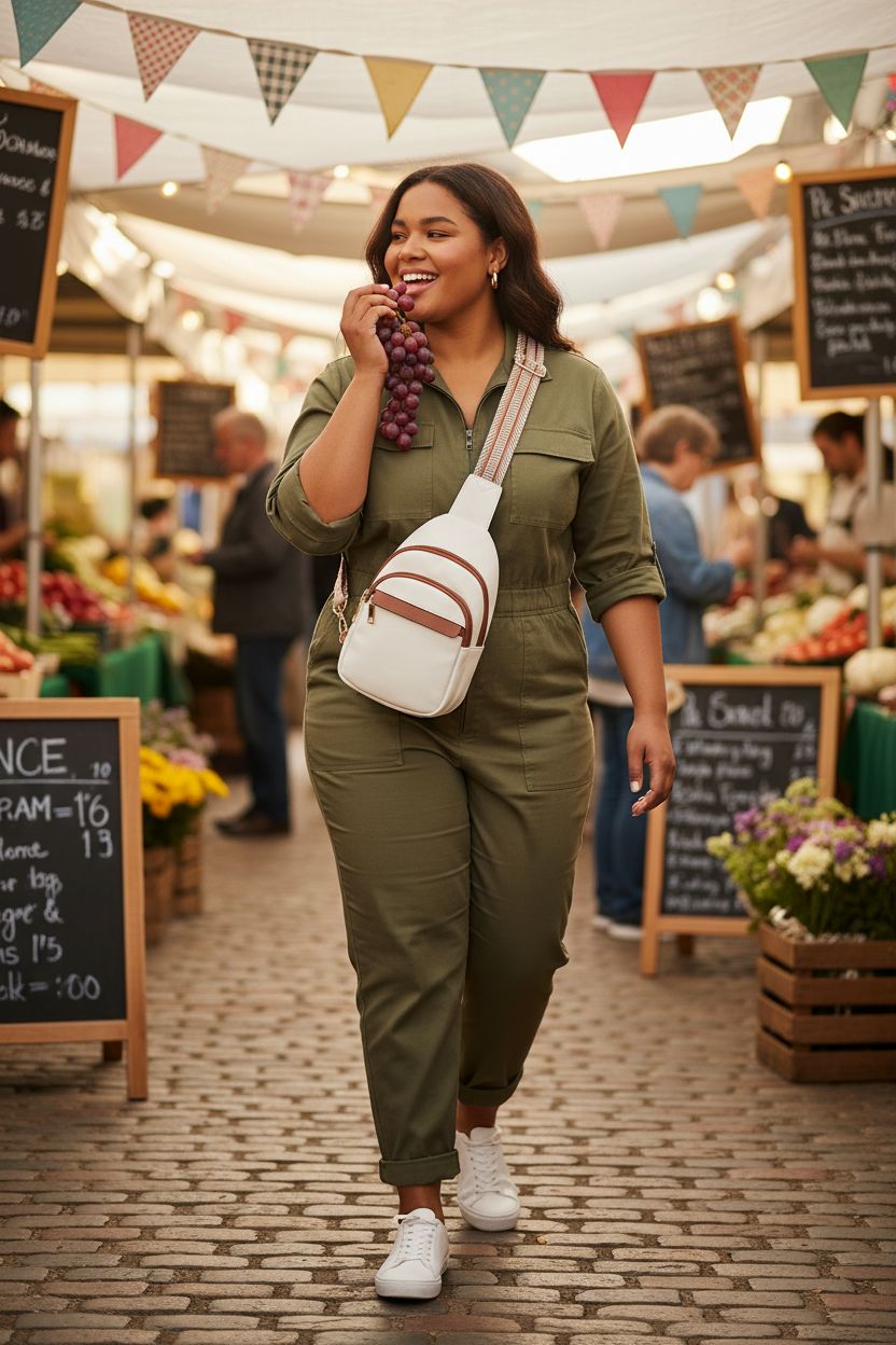 BOSTANTEN beige sling bag worn cross-body at a farmers' market, highlighting casual elegance.