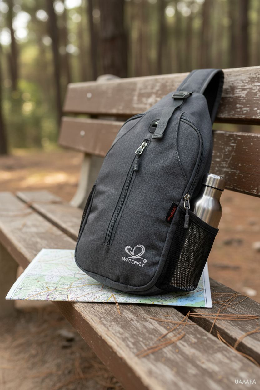 WATERFLY black sling bag resting on a wooden bench beside a map and water bottle, perfect for hiking