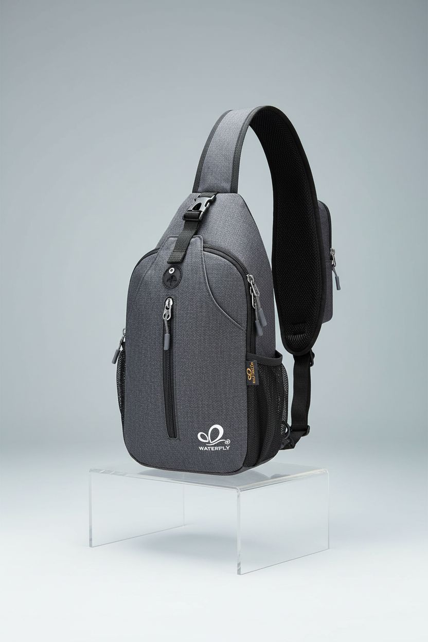 WATERFLY black sling bag displayed on acrylic riser, highlighting pocket layout and design details