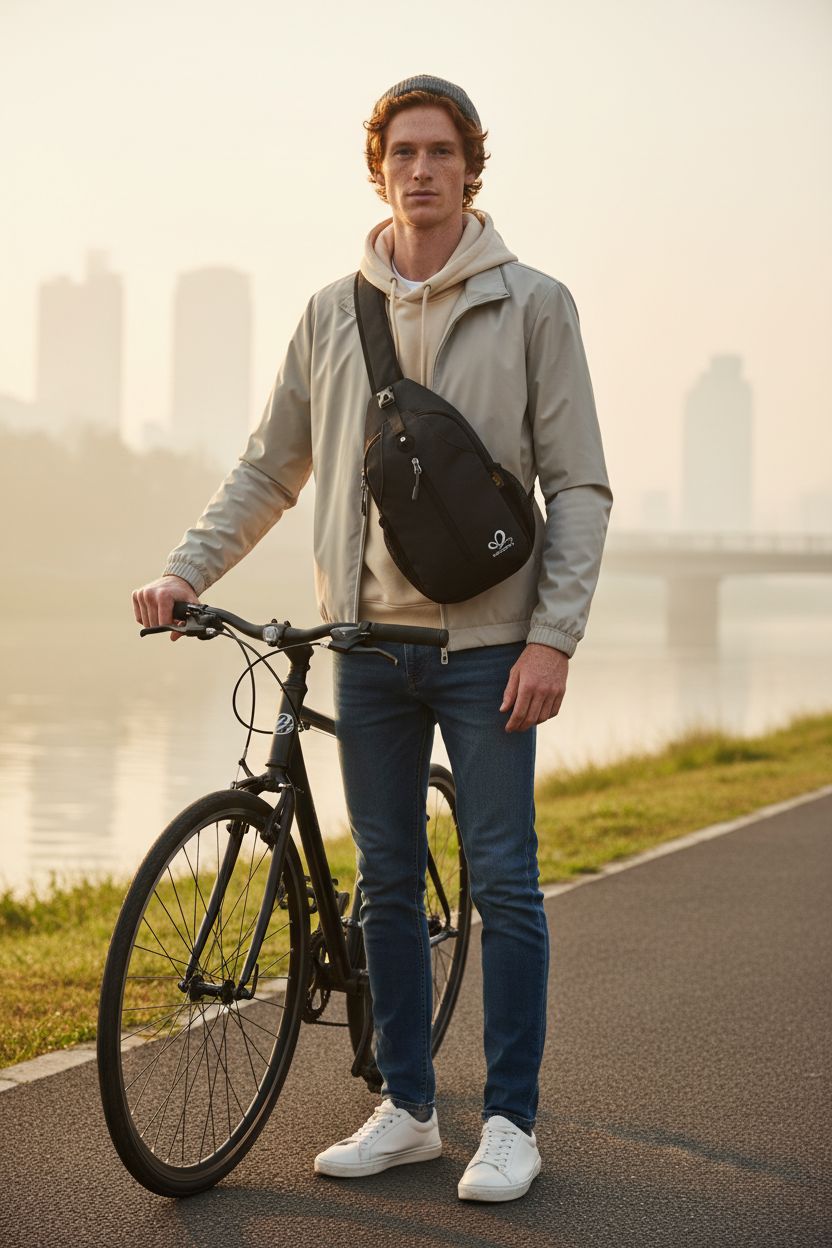 WATERFLY black sling bag worn cross-body at riverside, ideal for cycling and outdoor adventures