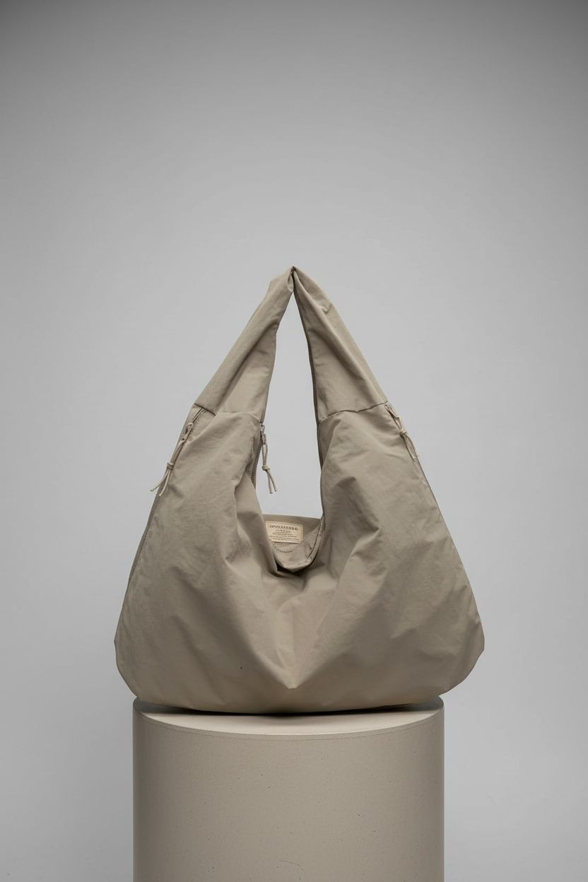 Close-up of Obosoyo slouchy tote bag highlighting nylon texture and stitching.