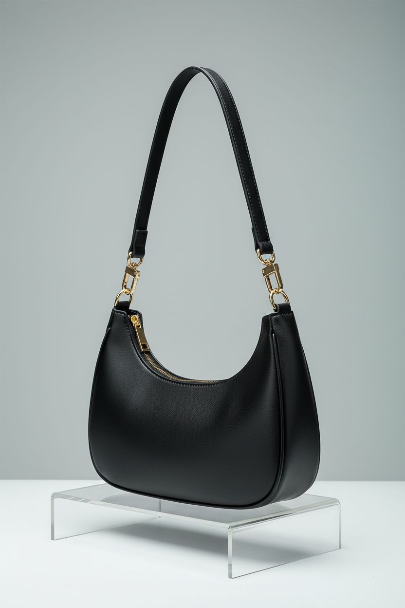 Product-focused image of SYXLCYGJ small black purse showcasing its sleek design and double zipper feature.