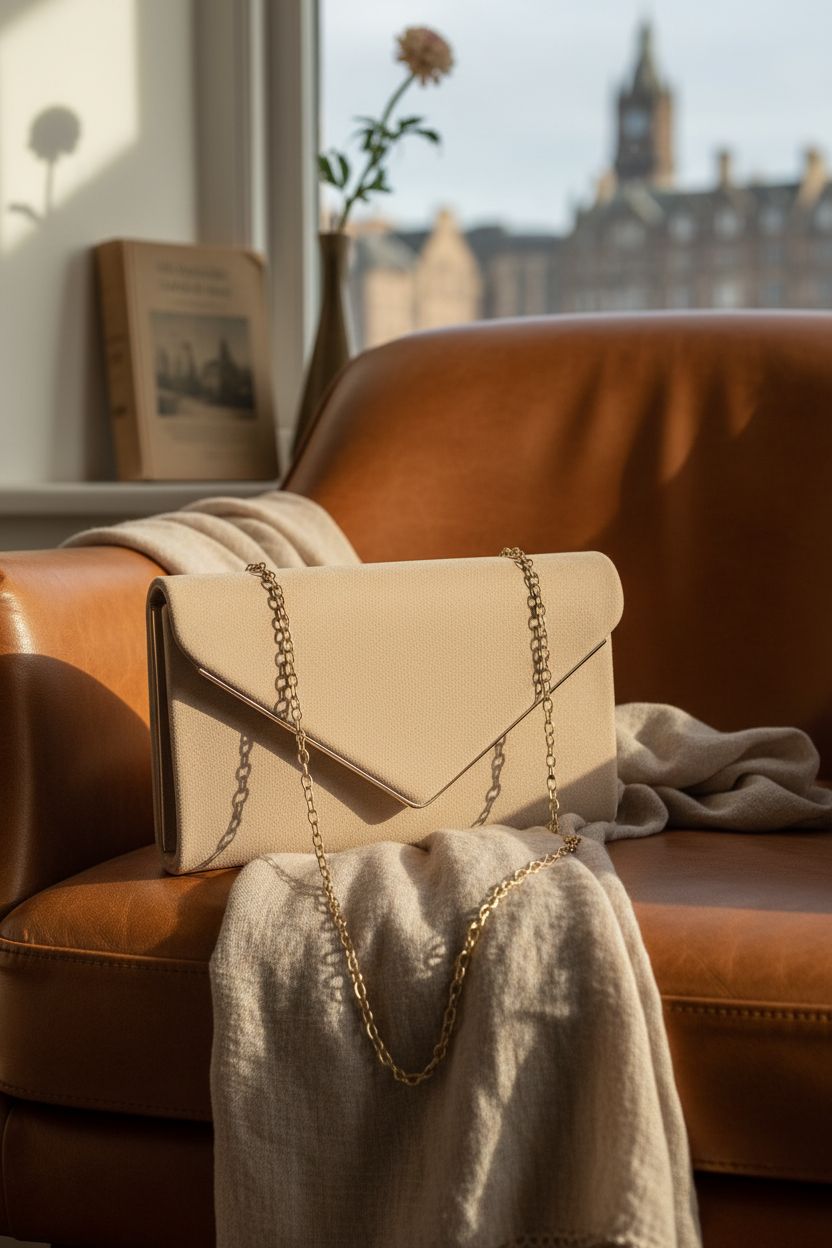 BBjinronjy faux suede clutch resting on a linen scarf with soft lighting