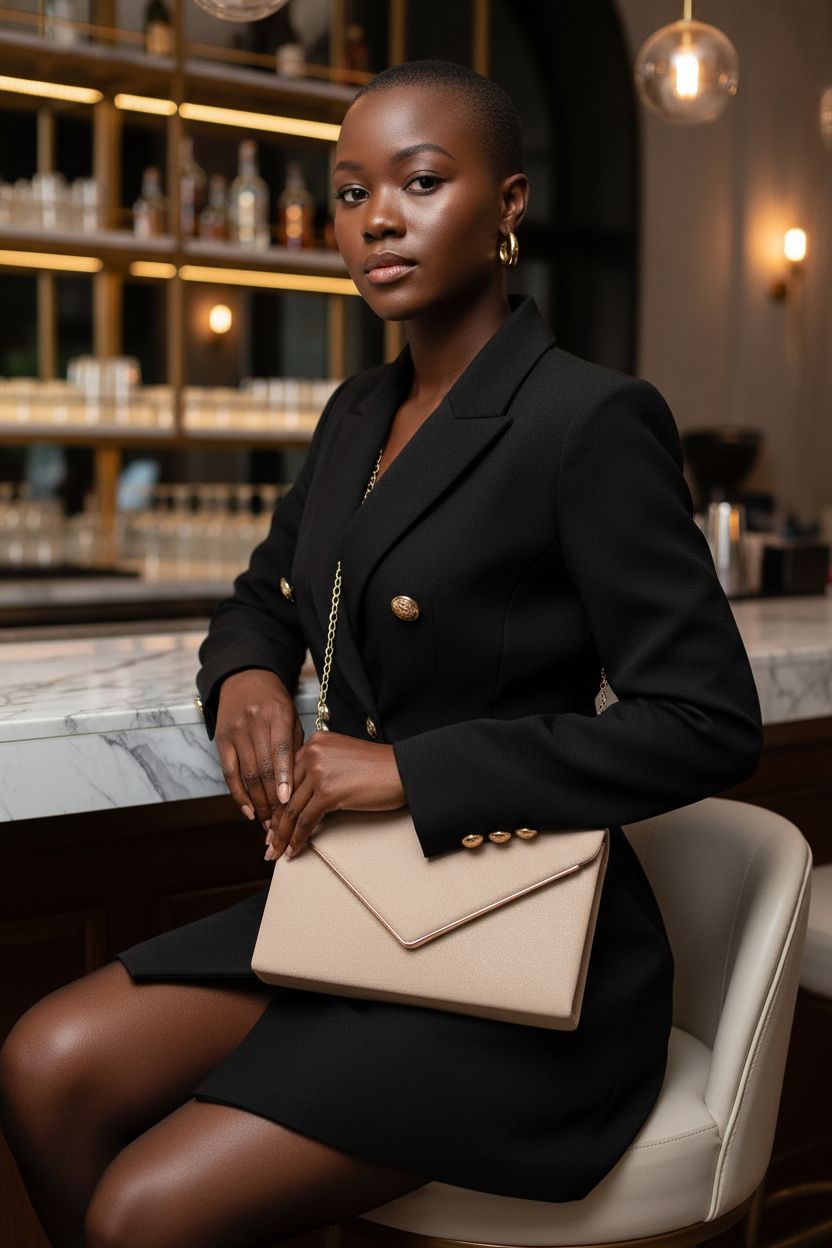 BBjinronjy beige suede clutch bag tucked under arm at a stylish bar