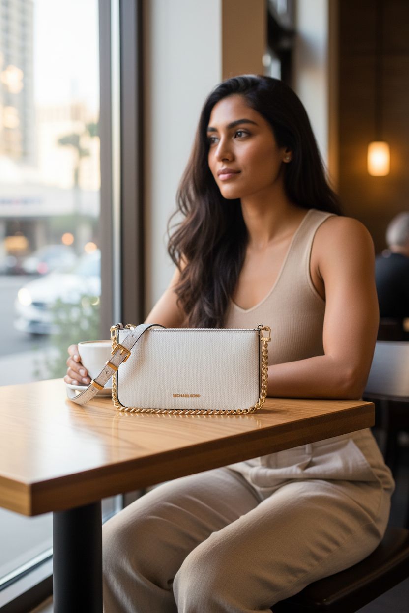 Elegant Michael Kors Bryant Small Convertible Crossbody Bag in optic white on a café table