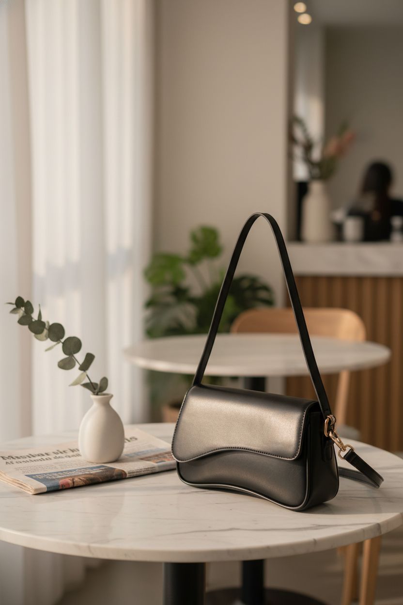 Cozy café scene with Amszke black saddle bag, showcasing vegan leather texture on marble table.