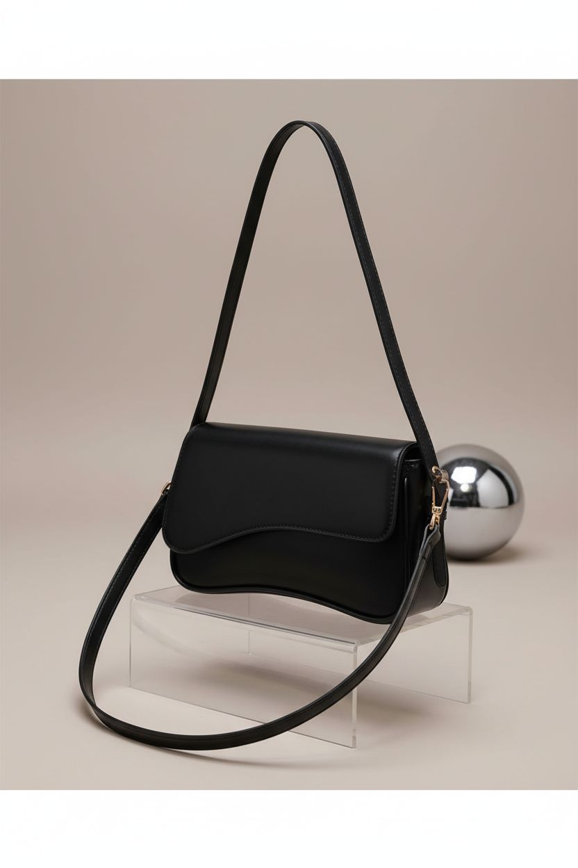 Product shot of Amszke black vegan leather handbag, highlighting design and stitching details.