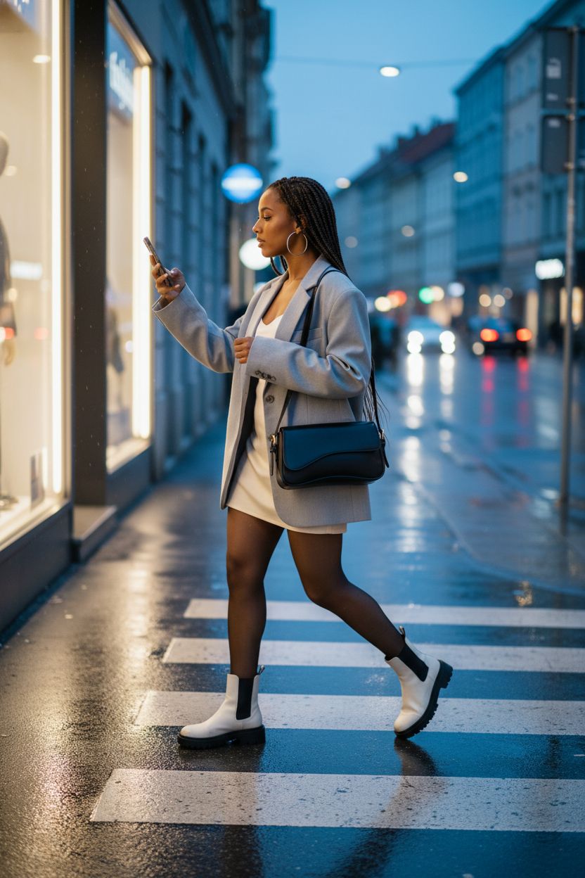 Y2K trendy black saddle bag by Amszke, vegan leather, stylishly worn on shoulder in urban setting.