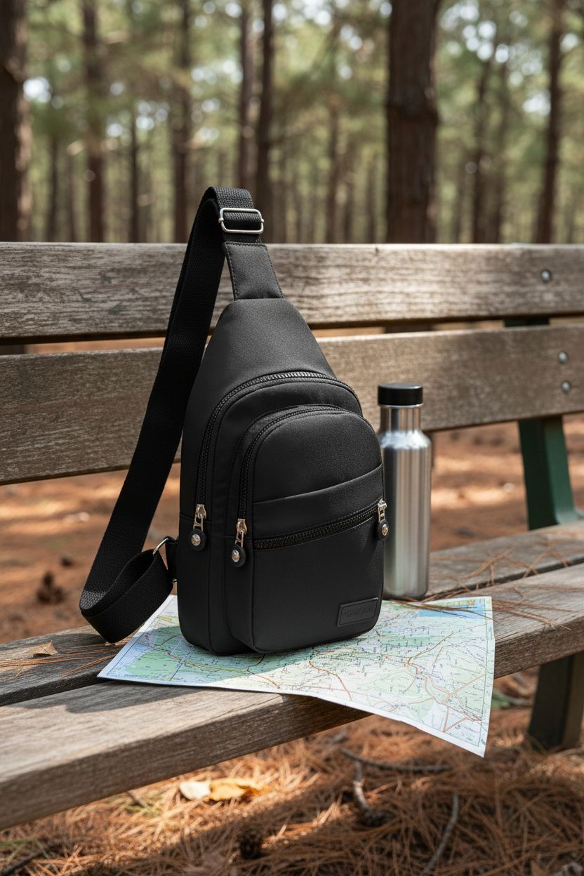 Banelu sling bag resting on a wooden bench, paired with a map and water bottle in a forest setting.