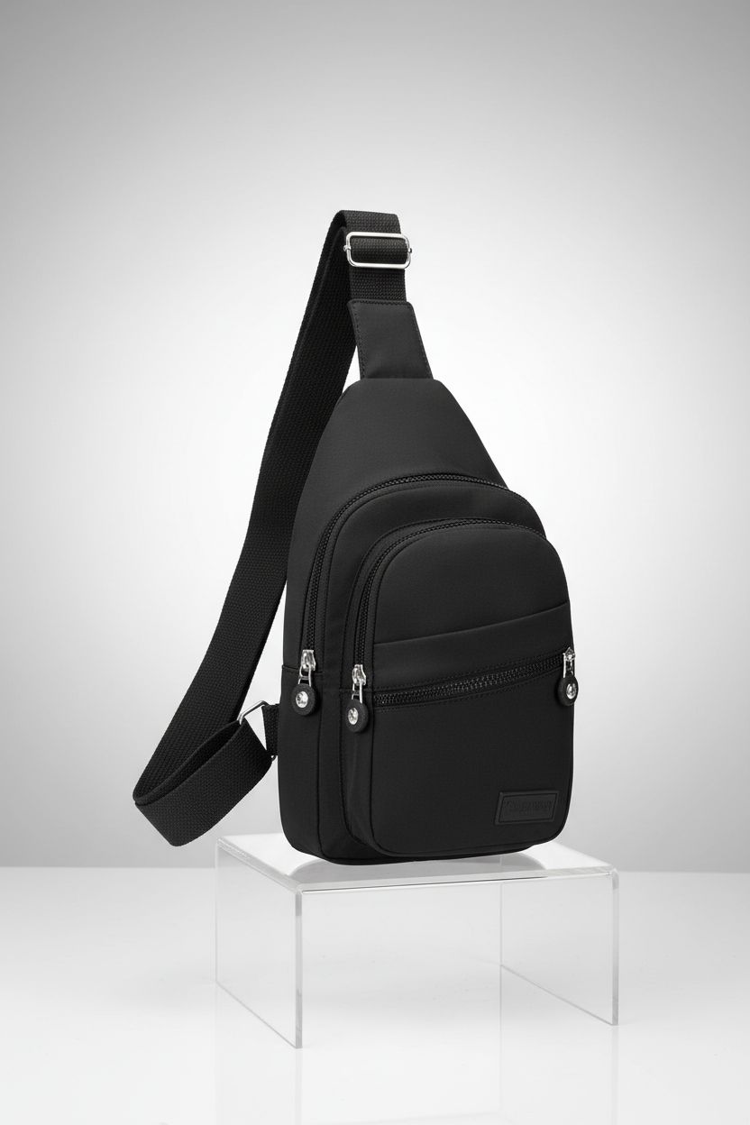 Banelu small sling backpack in black, showcasing sleek design and adjustable strap on a minimal background.