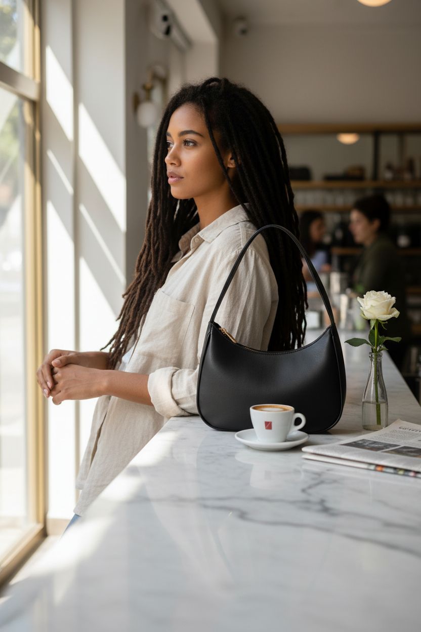 CYHTWSDJ small black purse beside an espresso, adding elegance to a café setting.