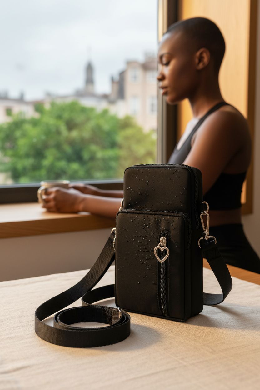 Cozy setting featuring JANKS small nylon bag on an oak sill with water beads, evoking warmth.
