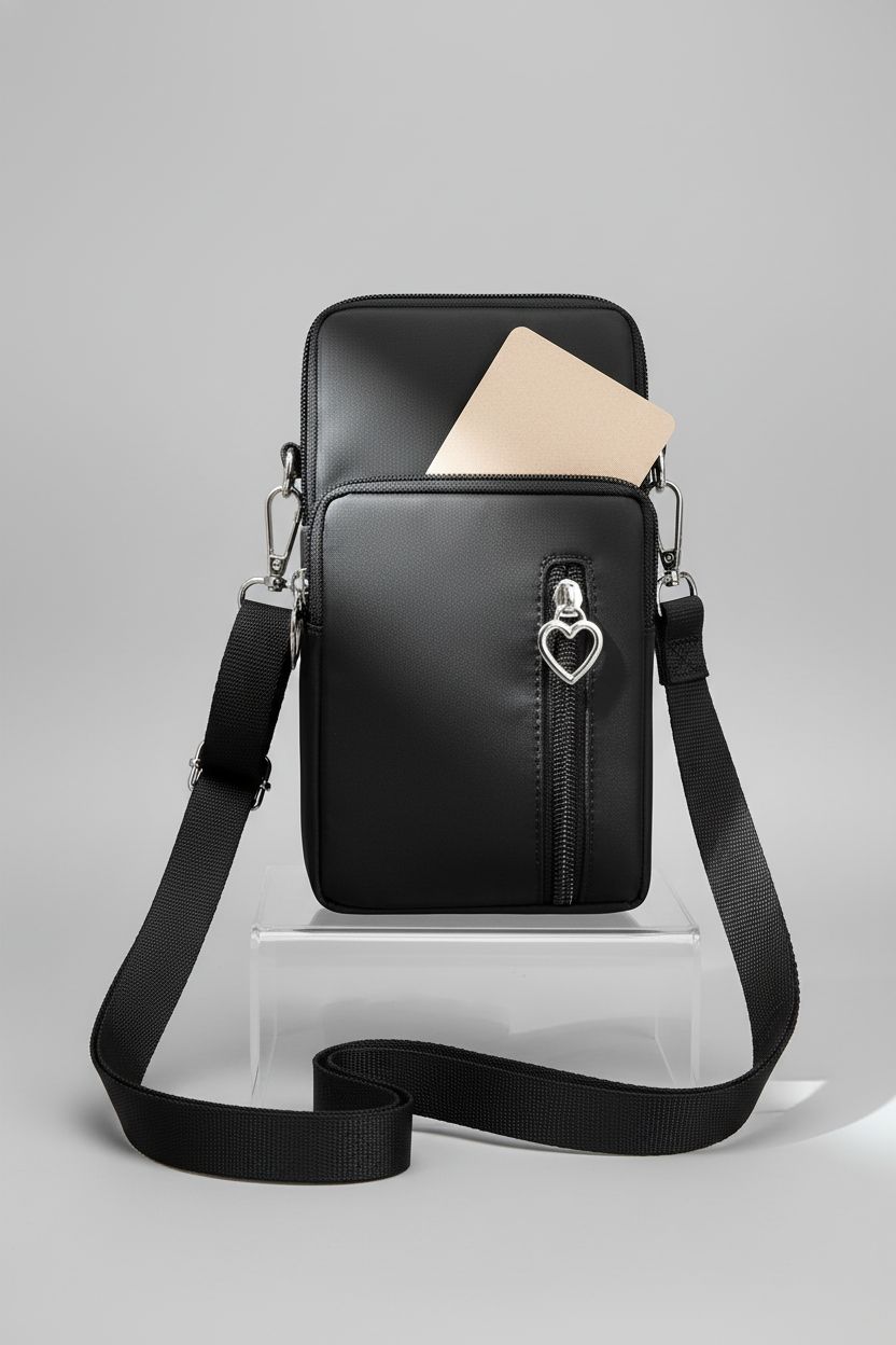 JANKS small crossbody bag on a gray backdrop, highlighting its design and capacity.