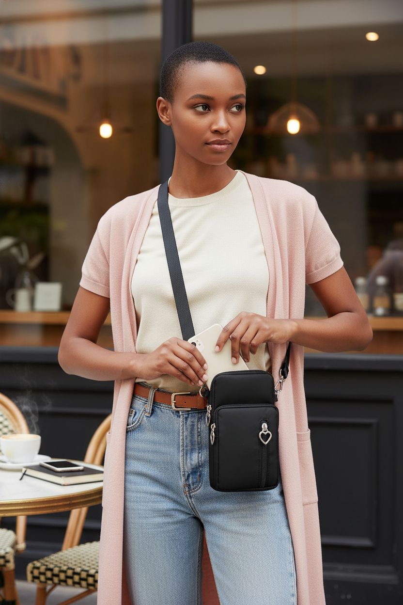 JANKS mini cell phone purse in black, showcased with coffee and notebook at a café.
