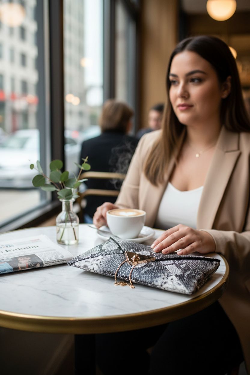 HYLong snake skin purse elegantly placed at a café, showcasing its luxurious texture and stylish design.