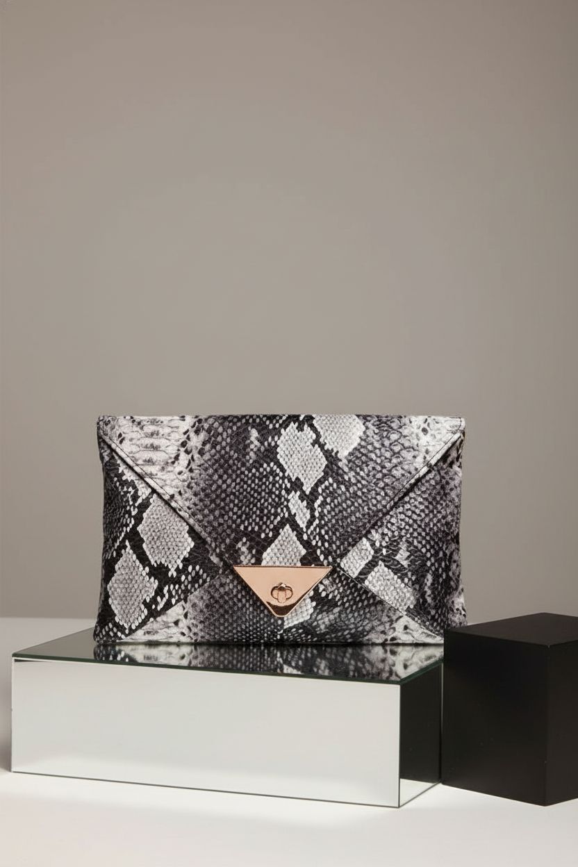 XINSHUN snake print envelope bag on a minimalist set, highlighting its sleek lines and premium quality.