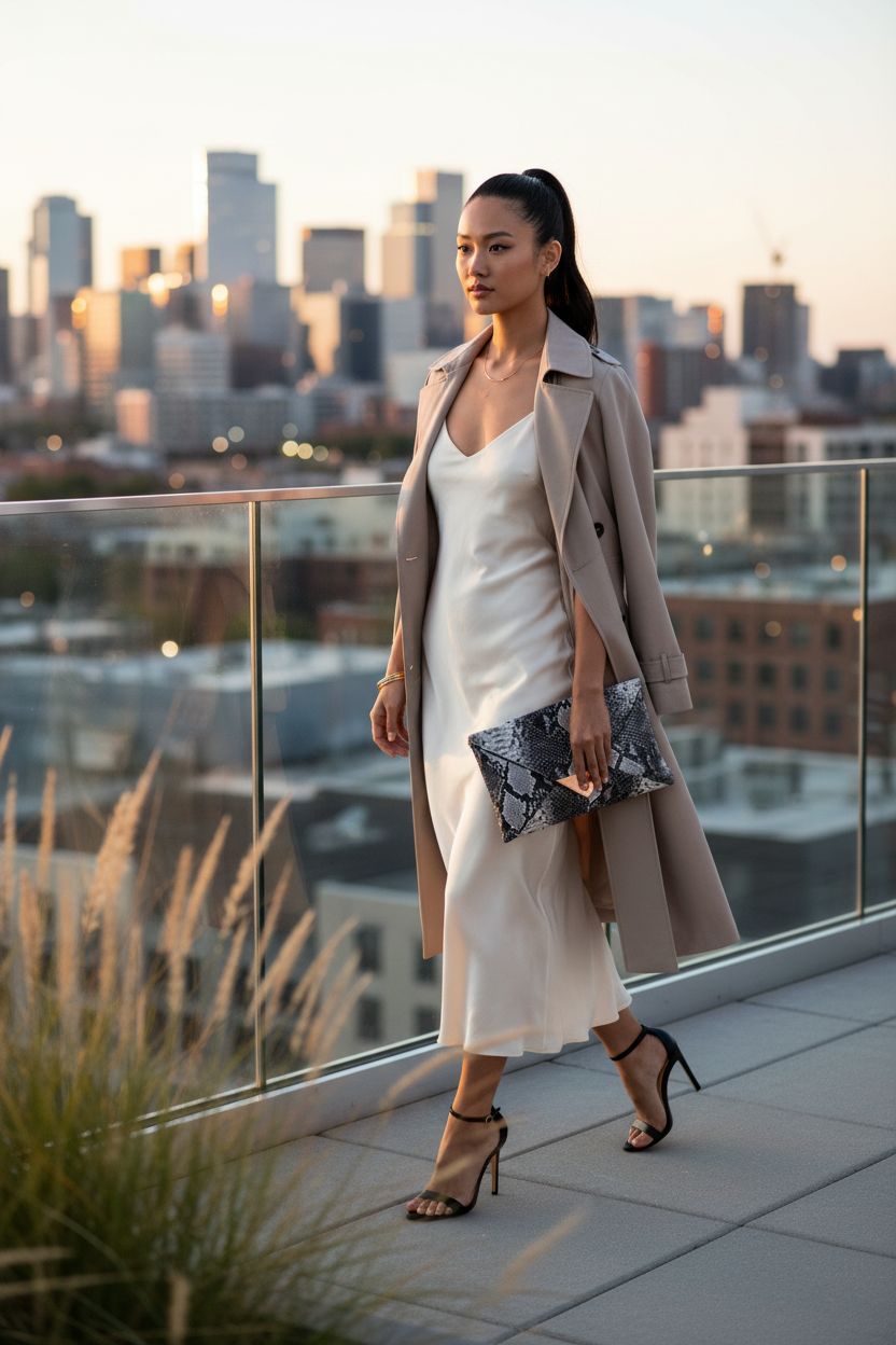 XINSHUN snake print clutch purse glowing at a sunset rooftop cocktail, perfect for evening elegance.