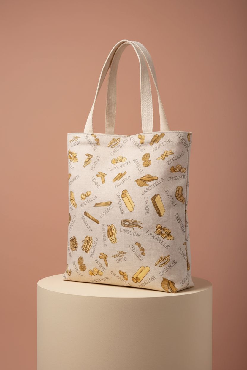 Close-up of JYTAPP pasta print tote bag showcasing craftsmanship and design