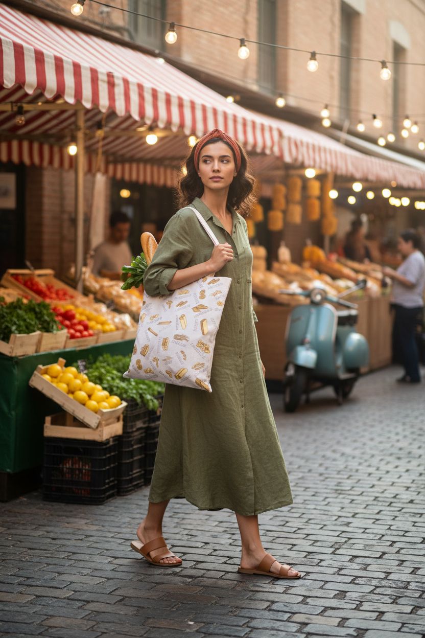 JYTAPP pasta print tote bag at an open-air market with fresh produce