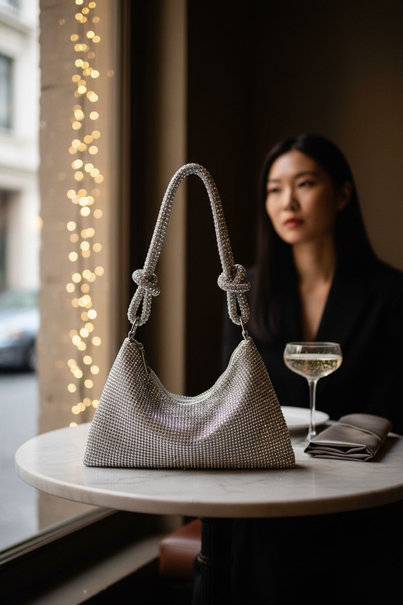 YUWITA glittery purse elegantly placed at a bistro table, enhancing any sophisticated setting.