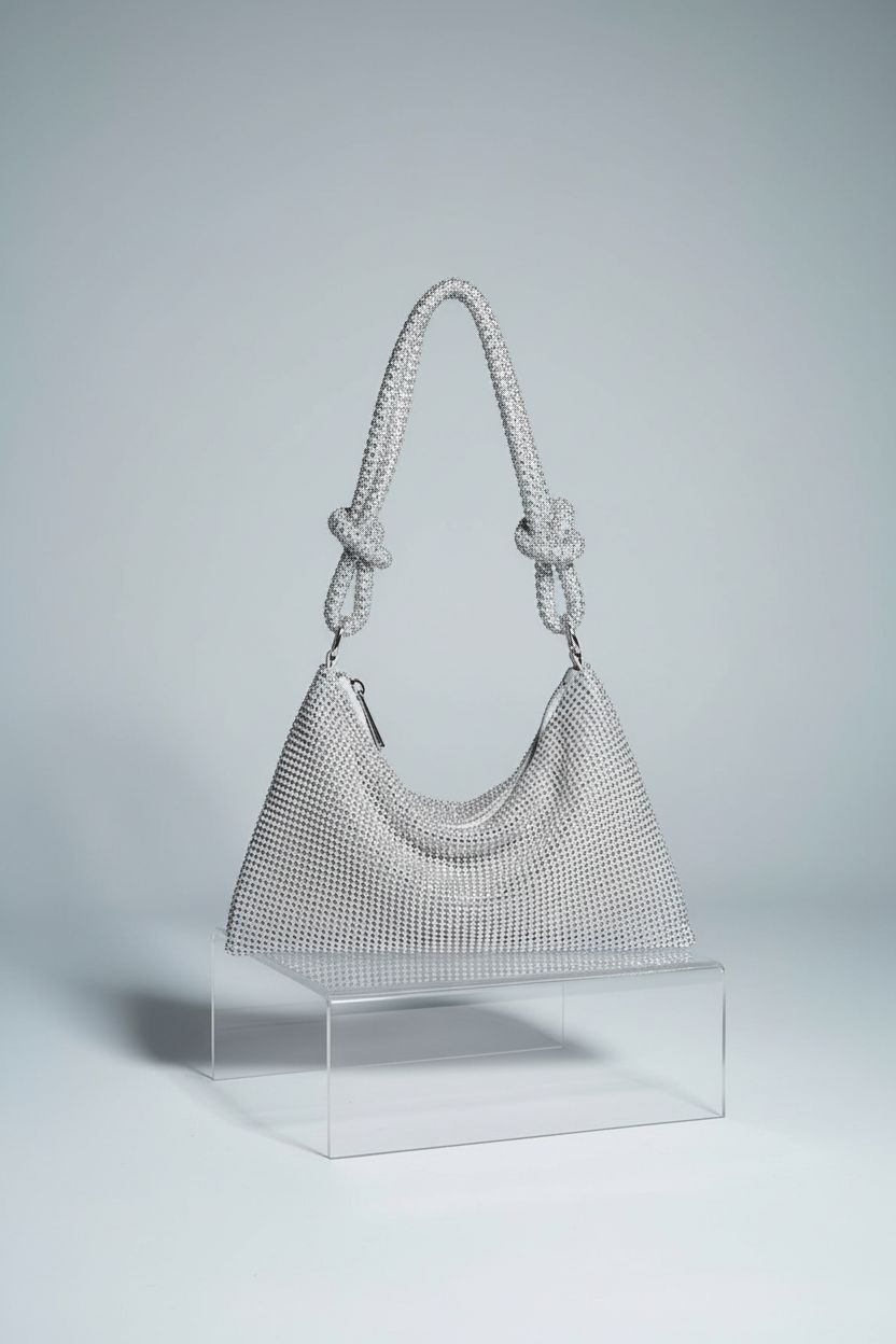YUWITA silver mini handbag beautifully displayed in studio, highlighting its sparkly design.