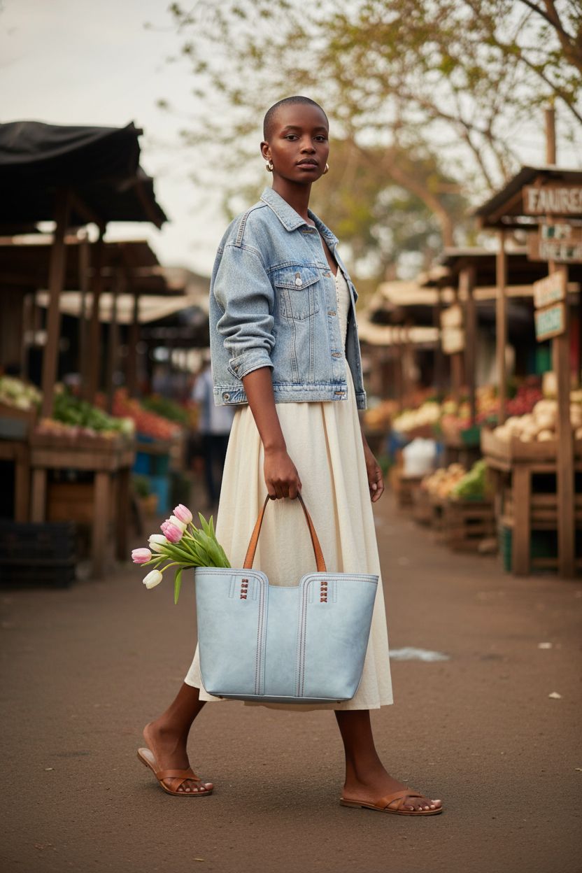 Montana West powder-blue tote bag complementing a sundress at an open-air farmers market