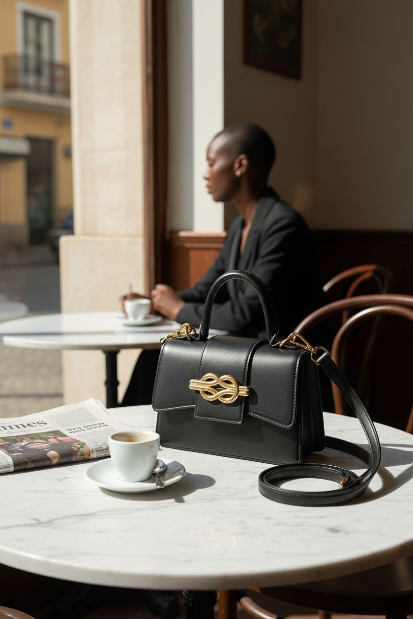 Milan Chiva elegant black handbag resting on marble table with gold bow, exuding sophistication in café setting.