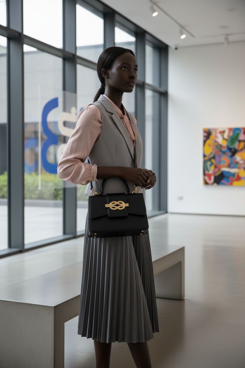 Elegant Milan Chiva small top handle handbag with gold bow in black, showcased in a chic gallery.