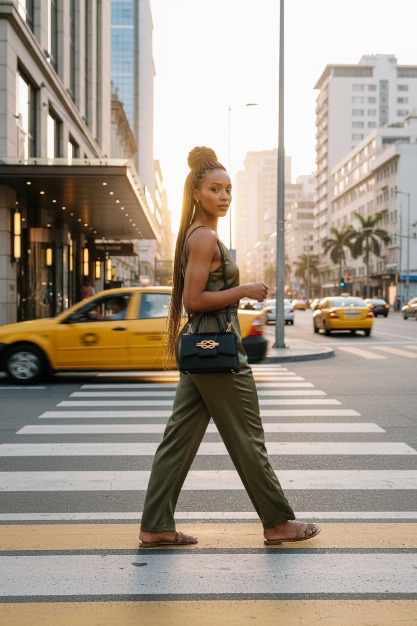 Trendy black Milan Chiva crossbody bag with gold bow, illuminated by golden hour light in urban setting.