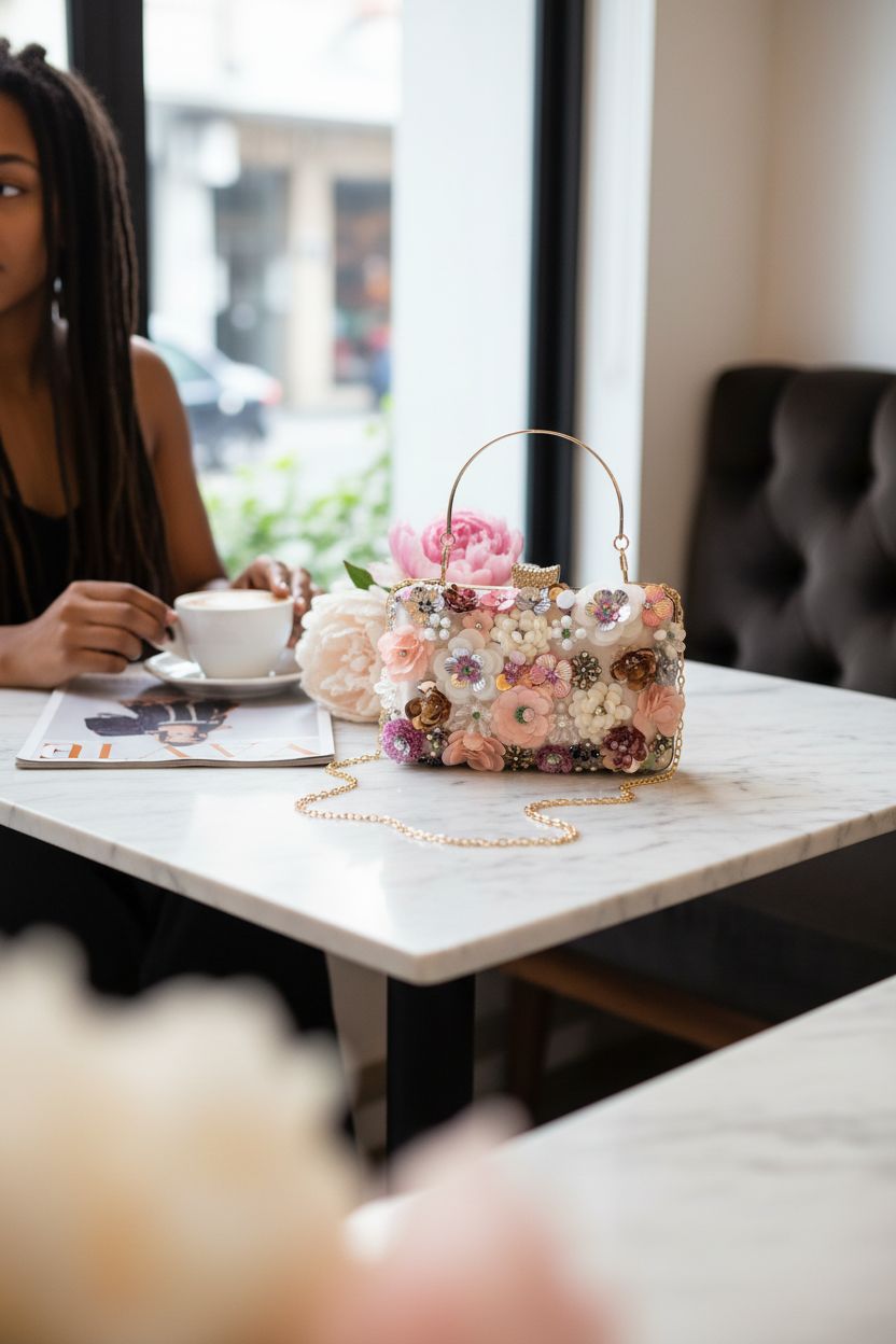 Lanpet floral clutch displayed in a stylish café with peonies and magazine.