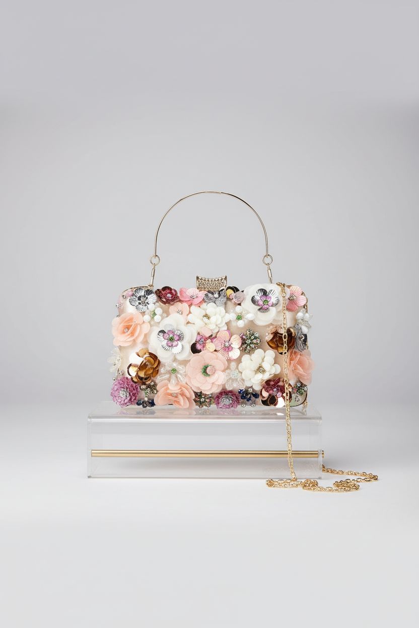 Lanpet evening handbag on a sleek surface highlighting floral details and gold accents.