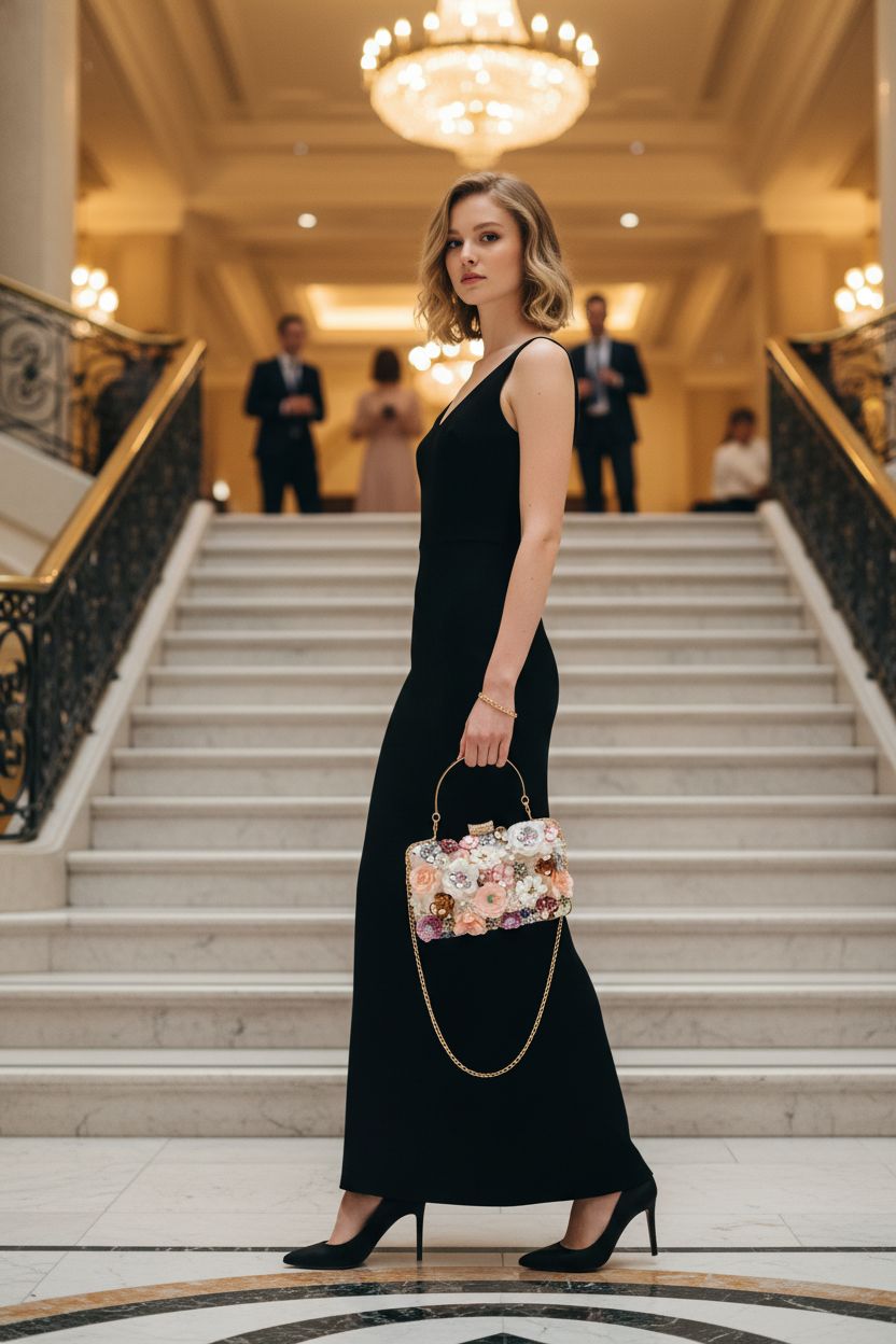 Lanpet floral evening handbag with chain strap in a luxurious hotel setting.