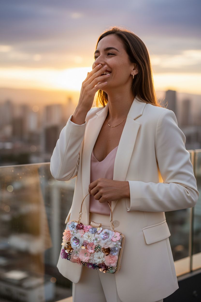 Lanpet statement bag showcased at sunset with chain and clasp detail.
