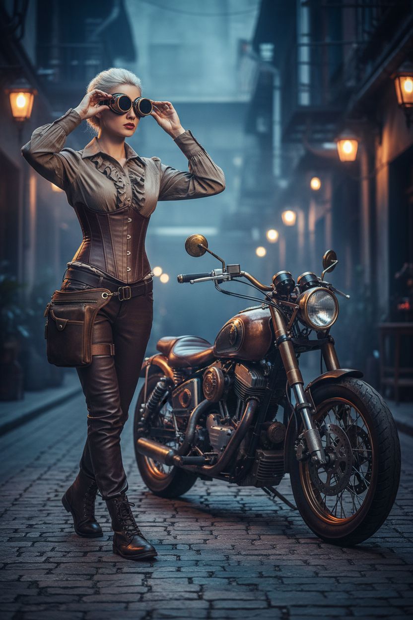 Le'aokuu steampunk thigh bag in dark brown leather, featured in a moody outdoor setting.